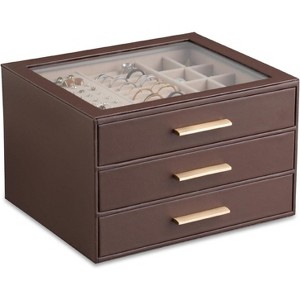 3-Layer Jewelry Box with Clear Lid Drawer and PU Leather Exterior - 1 of 4