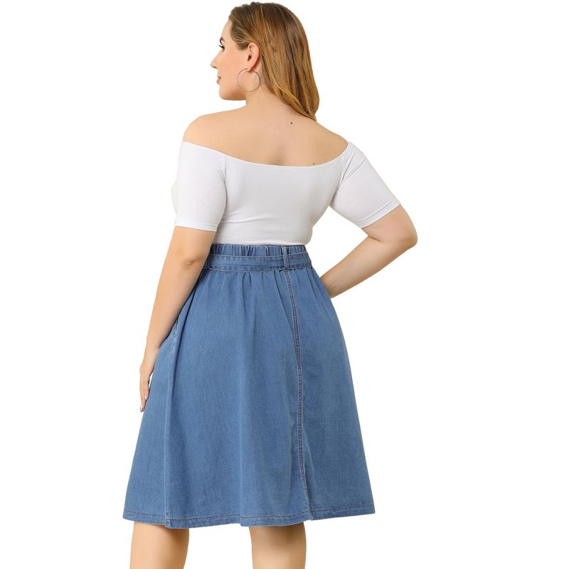 Agnes Orinda Women's Plus Size Denim Tie Waist Button Front A-Line Midi Skirts, 5 of 7