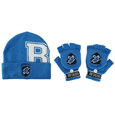 Harry potter Ravenclaw Embroidered Cut Felt Jacquard Blue Acrylic Knit Beanie hat and Glomitt Combo