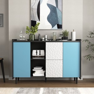 Gulches Black Sideboard Buffet Cabinet Blue Doors 2 Drawers 2 Open Compartments High Quality MDF Multifunctional for Kitchen Dining Room - 1 of 4