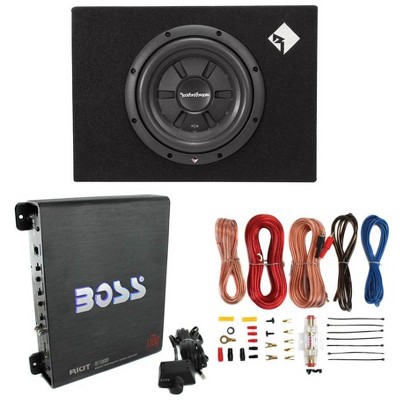 Rockford Fosgate R2S-1X10 10 inch 400 Watt Subwoofer and Sub Enclosure Box and Boss 1100 Watt Amplifier with 8 Gauge Amplifier Wiring Installation Kit