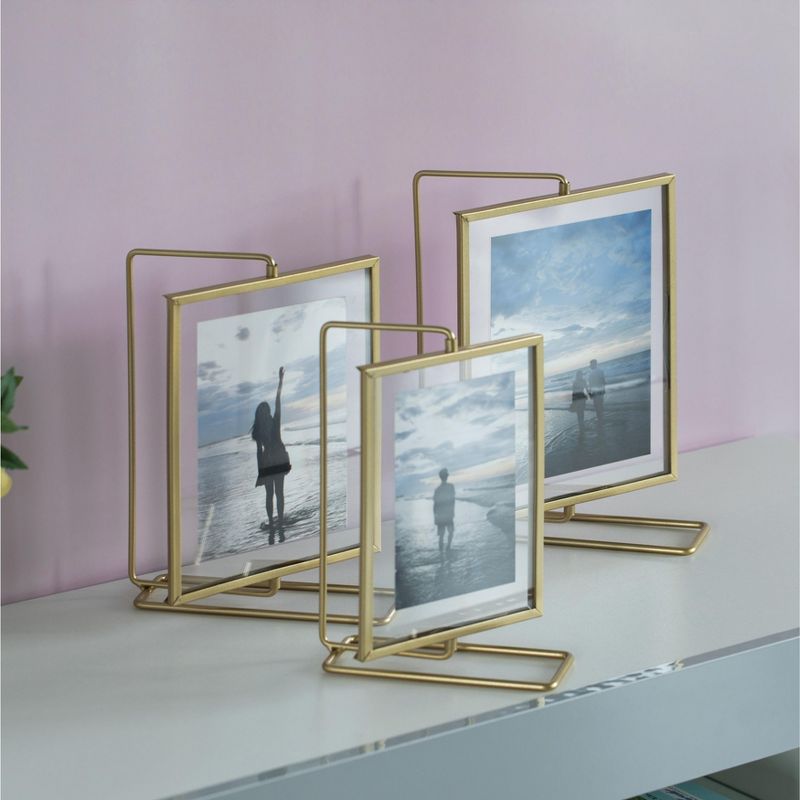 Fabulaxe Gold Modern Metal Floating Tabletop Photo Frame with Glass Cover and Glass Cover and Free Spinning Stand, 4 of 9