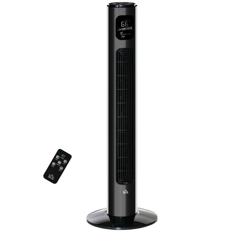 HOMCOM 37.75" Tower Fan Cooling for Bedroom with 3 Speeds, 12H Timer, 70°  Oscillating, LED Panel, and Remote Control, Black, 1 of 7