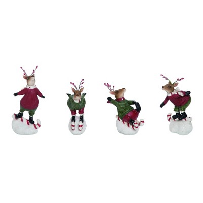 Transpac Resin 5 in. Brown Christmas Candy Cane Skating Deer Figurine Set of 4
