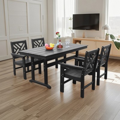 5 Piece HDPE Outdoor Patio Dining Set,63''W Patio Dining Table and 4 Dining Arm Chairs Set,HDPE Garden Dining Set with Umbrella Hole-Coolbibila