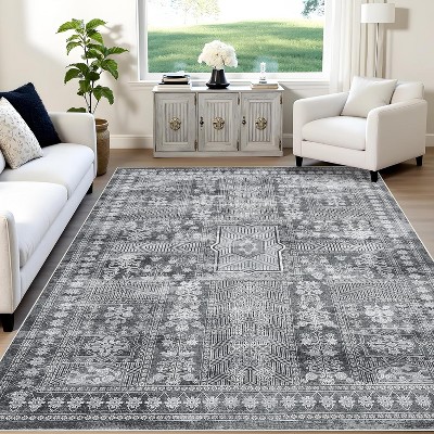 Vintage Washable Rug, Distressed Floral Low Pile Non-Slip Soft Accent Carpet for Living Room, Bedroom, Nursery, Entryway