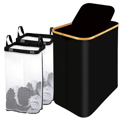 BestParts 150L Waterproof Double Laundry Hamper with Lid, Bamboo Handles & 2 Removable Bags, Black