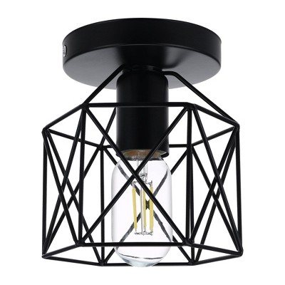 YANSUN 6 in. 1-Light Black Semi-Flush Mount Ceiling Light with Cage Shade for Porch Hallway