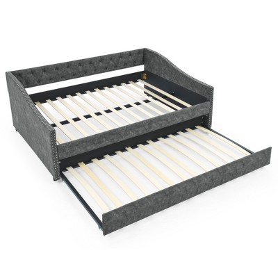 VYNXARIA Gray Full Daybed with Hidden Trundle: Tufted Luxury, Button - Back Elegance, and Waved Copper - Nail Arms