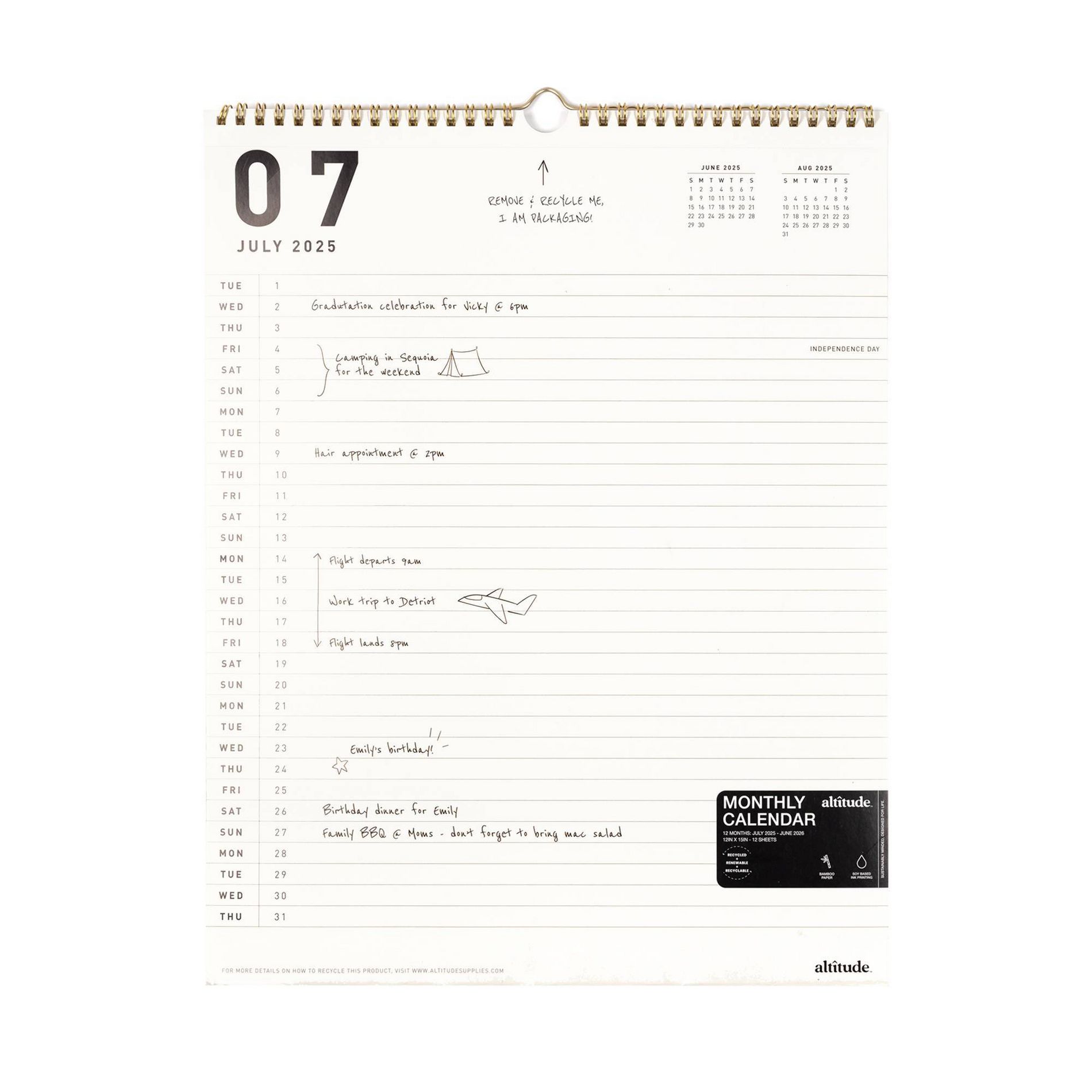 Altitude 12"x15" Monthly Wall Calendar, July 2025 to June 2026, Black and White