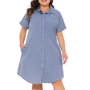 Agnes Orinda Women's Plus Size Short Sleeve Button Down Pockets Midi Denim Dress - 1 of 4