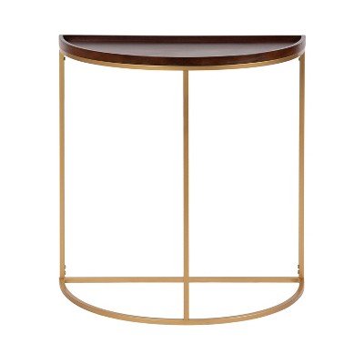 Walnut Brown and Gold Half-Circle Console Table with Storage
