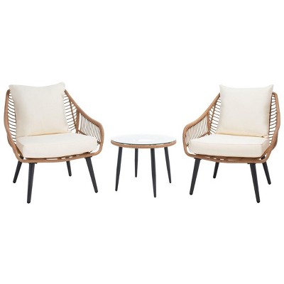 Natural Rattan and Beige Cushion 3-Piece Patio Lounge Set