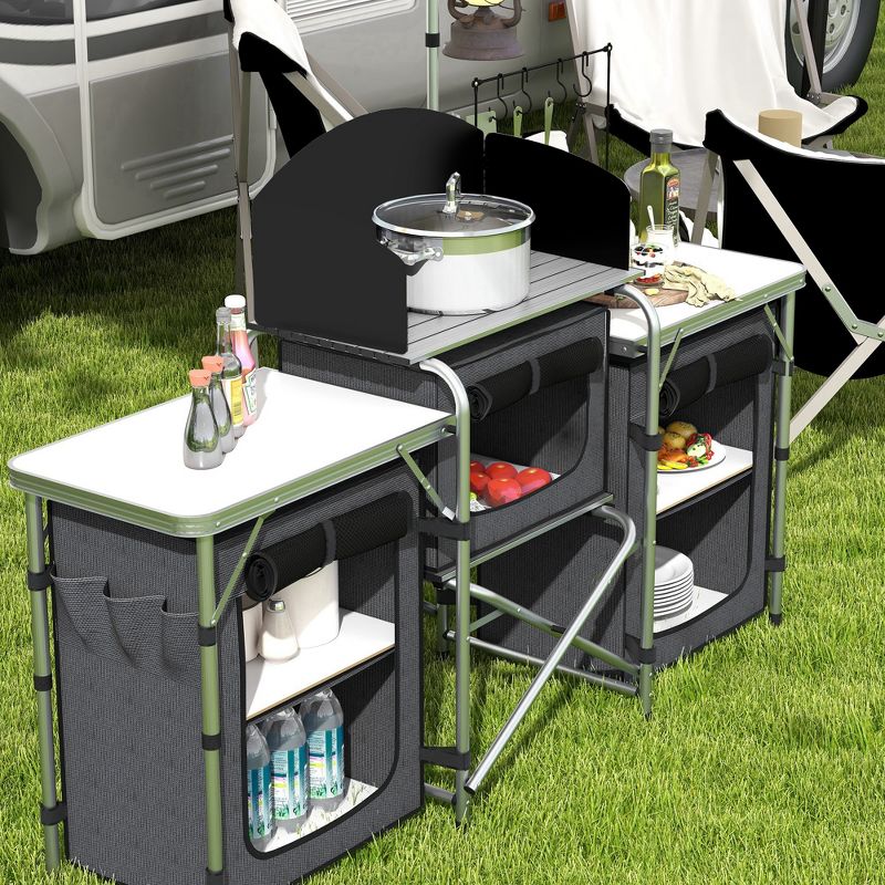 Outsunny Camping Kitchen Table, Portable Folding Camp Kitchen, Aluminum Cook Station with 3 Fabric Cupboards, Windshield, Carrying Bag, Black, 5 of 7