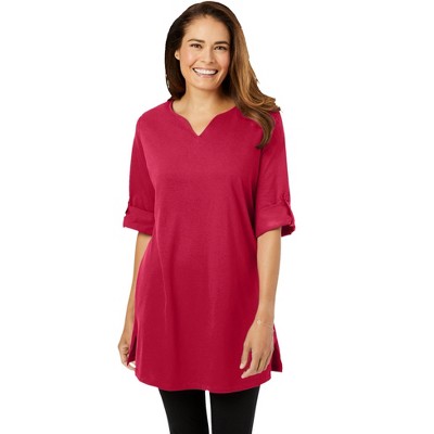 Woman Within Women's Plus Size Perfect Roll-Tab-Sleeve Notch-Neck Tunic