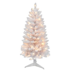 Puleo 4' Pre-lit Slim White Carson Artificial Christmas Tree Clear Lights: Indoor, Hinged Branches, PVC, No Tools Required - 1 of 4