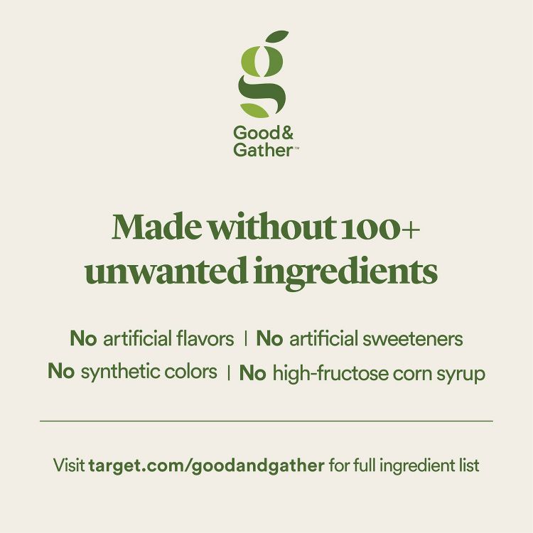 Text on the label states "Made without 100+ unwanted ingredients" and lists "No artificial flavors, No artificial sweeteners, No synthetic colors, No high-fructose corn syrup," with a website link for more information.