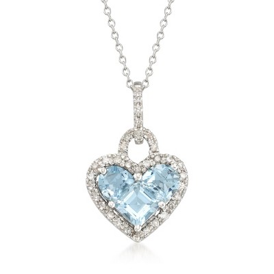 Ross-Simons 1.80 ct. t.w. Aquamarine and .20 ct. t.w. Diamond Heart Pendant Necklace in Sterling Silver