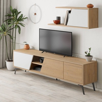 Light Oak and Black TV Stand with Storage Cabinets for 70" TVs