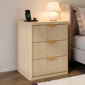 Modern Fluted Nightstand with Charging Station, Drawer Bedside Table with Open Shelf, Vintage Style for Bedroom Living Room, Light Oak & White - 1 of 4