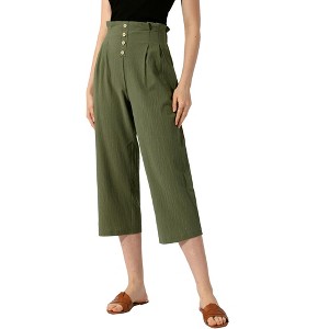 Allegra K Women's Cotton Lounge Elastic Waist Lightweight Buttons Casual Trousers - 1 of 4