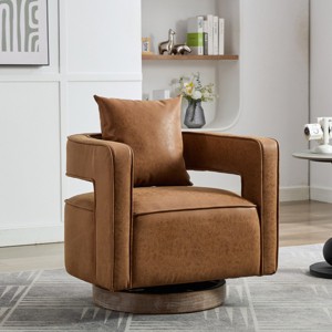 29" Faux Leather Swivel Barrel Chair with Weathered Wood Base, Modern Open Back Accent Armchair for Living Room Bedroom-3irtyhousy - 1 of 4