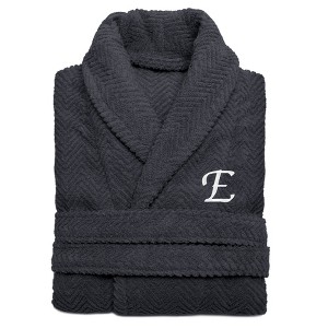Linum Home Textiles 100% Turkish Cotton Unisex Personalized Herringbone Dark Grey Bathrobe in White Chancery Font - 1 of 2