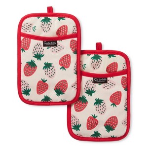 Sur La Table Kitchen Essentials 2pk 7"x10" Quirky Strawberries Fruit Pot Holder Set Pink/Green: Cotton, Machine Washable - 1 of 4