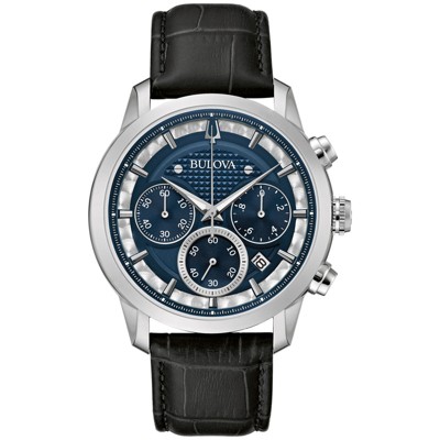 Bulova Men's Classic Sutton 6-Hand Chronograph Quartz Silver Stainless Steel Case Watch with Black Leather Strap, Blue Dial, 44mm