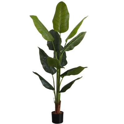 Tall Green Faux Strelitzia Floor Plant in Black Pot
