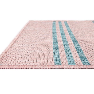 Pink and Aqua Square Synthetic Outdoor Area Rug