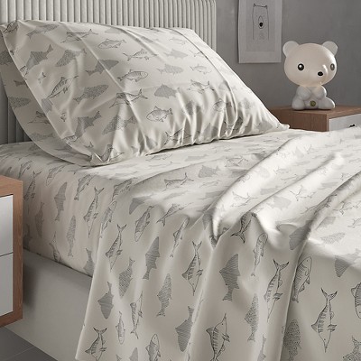 Twin Gray Fish Print Microfiber Deep Pocket Sheet Set