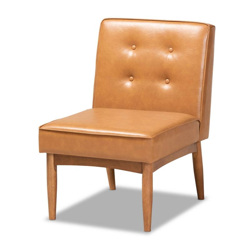 Arvid Mid-Century Faux Leather Upholstered Wood Dining Chair Walnut/Brown - Baxton Studio: Tan, Button Tufted, Tapered Legs, 1 of 10