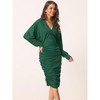 Seta T Women's Spring Fall Ruched V Neck Long Batwing Sleeve Midi Bodycon Cocktail Party Dress - 2 of 4