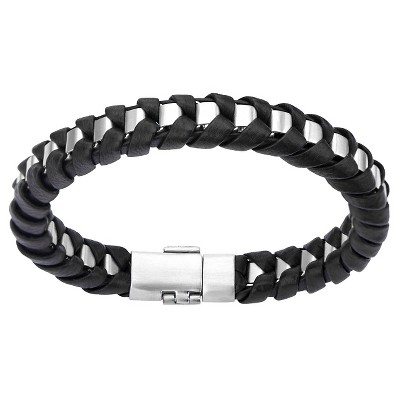 Men's Steel Art Stainless Steel with Black Leather Thread Bangle Bracelet (8")