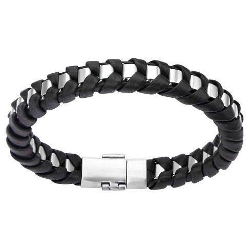 Men's Steel Art Stainless Steel With Black Leather Thread Bangle Bracelet  (8) : Target