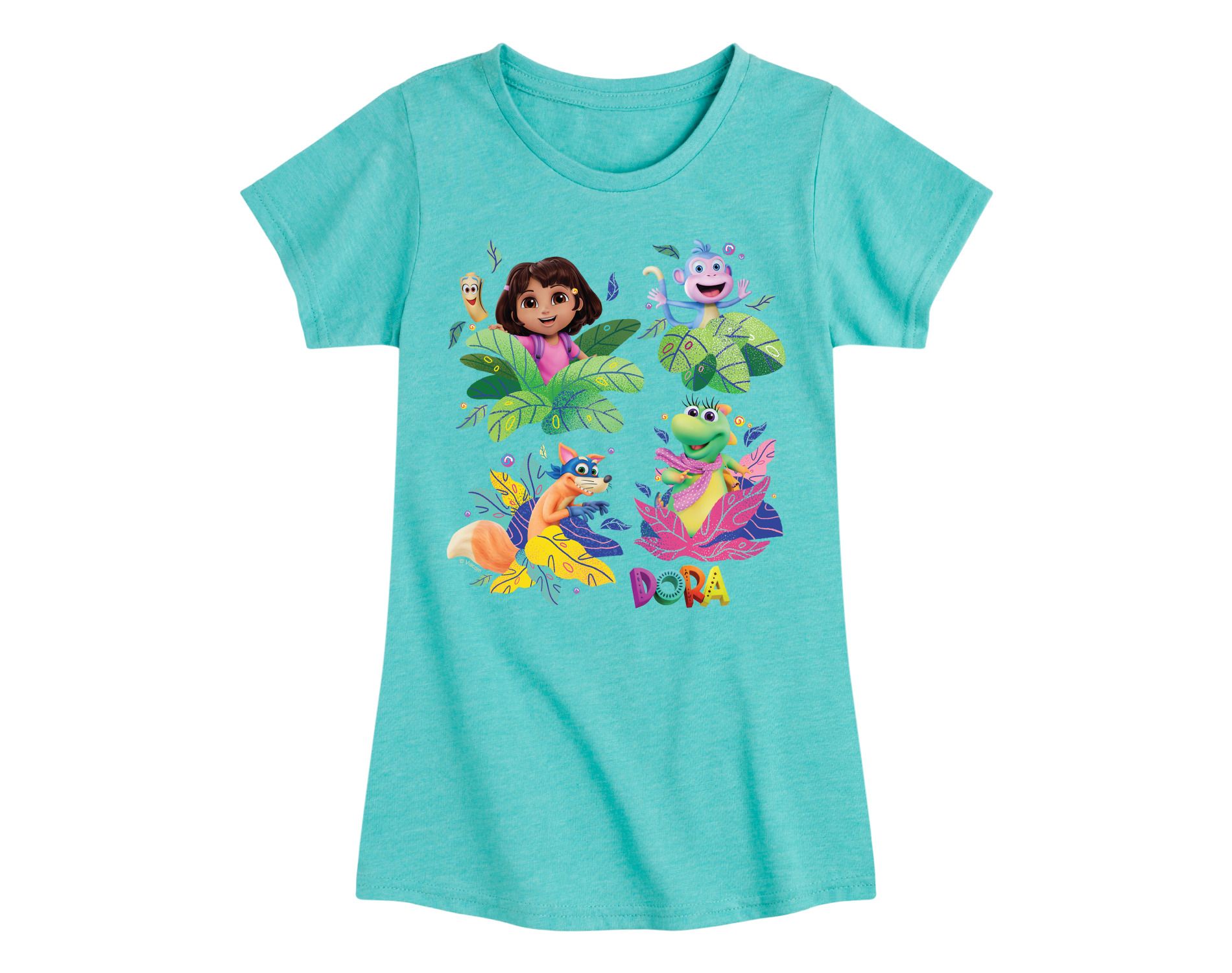 Girls' Dora The Explorer Swiper, Isa, And Boots Fitted Short Sleeve Graphic T-Shirt - Turquoise - Small