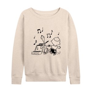 Women's - Peanuts - Snoopy Dancing Lightweight French Terry Wide Neck Long Sleeve Shirt - 1 of 4