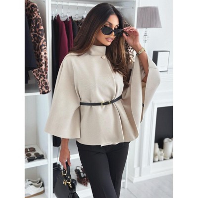 Women's Solid Color Cape Coat Waist Tie Belt Stand Collar Flared Sleeve Versatile Outerwear