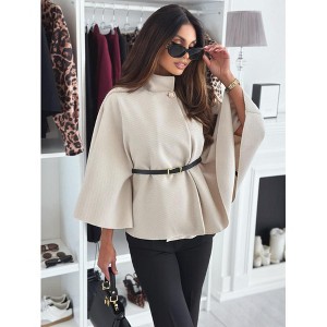 Women's Solid Color Cape Coat Waist Tie Belt Stand Collar Flared Sleeve Versatile Outerwear - 1 of 2