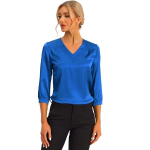 INSPIRE CHIC Women's V Neck 3/4 Sleeve Casual Office Work Satin Blouses - 1 of 4