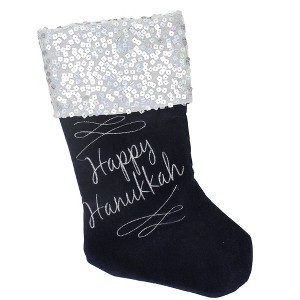 Northlight 19" Navy Blue and Silver Embroidered Happy  Stocking with Sequin Cuff - 1 of 3