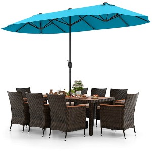 Costway 11 PCS Patio Wicker Dining Set with Double-Sided Outdoor Umbrella 8 Stackable Chairs Orange/Turquoise - 1 of 4