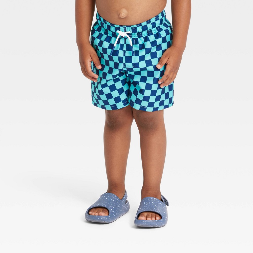 Size 4T Toddler Boys' Checkered Swim Shorts - Cat & Jack Blue 