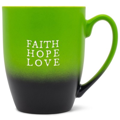 Elanze Designs Faith Hope Love Two Toned Ombre Matte Green and Black 12 ounce Ceramic Stoneware Coffee Cup Mug