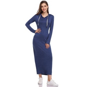 Coolmee Women Casual V Neck Long Sleeve Slim Hoodie Pocket Sweater Maxi Dress - 1 of 4