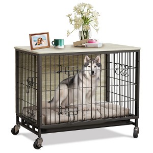 Jojoka Dog Crate Furniture, 38.6" Indoor Kennel with Double Doors, Sturdy Dog Cage, Easy Assembly, Wheels, Removable Tray - 1 of 4
