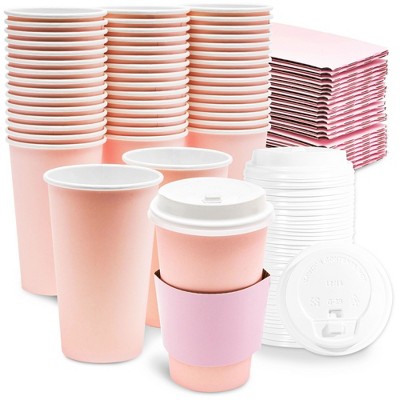 48 Pack Pastel Insulted Disposable Coffee Cups with Lids, 16 oz Paper Cup  for to Go Hot Drink with Sleeves Holder, 4 Colors 