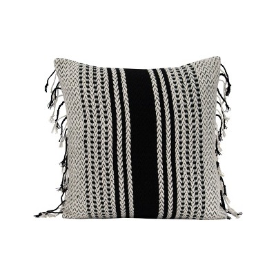 Black Striped Hand Woven 18x18" Cotton Decorative Throw Pillow with Hand Tied Fringe - Foreside Home & Garden