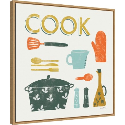 Retro Kitchen Tools Canvas Print with Sylvie Maple Frame